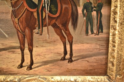 Lot 1122 - Attributed to Henry Martens (c.1790-1868) oil on canvas - Suffolk Yeomanry Cavalry, inscribed and dated 1845, 36cm x 25.5cm, in good gilt frame, together with a 19th century hand coloured engravin...