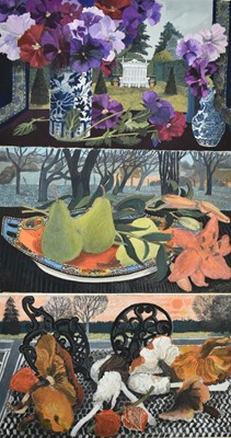 Lot 1092 - *Dione Page (1936-2021) three mixed media still life works, each inscribed and signed, unframed, 24cm x 38cm