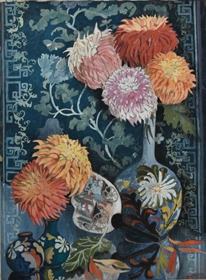 Lot 1094 - *Dione Page (1936-2021) gouache - Still Life Chrysanthemums, inscribed, initialled and dated, unframed, 56cm x 43cm