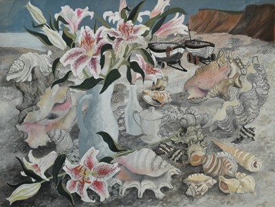 Lot 1095 - *Dione Page (1936-2021) two mixed media still life works, 'Lillies with Shells' and 'Tea Time', both inscribed and signed, unframed 58cm x 78cm (2)