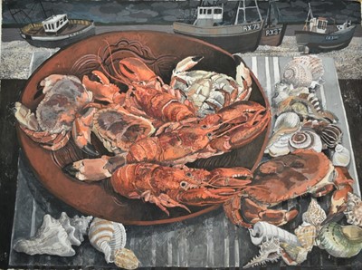 Lot 1097 - *Dione Page (1936-2021) gouache - Still Life, 'The Catch', inscribed, signed and dated '00, unframed, 57cm x 76cm