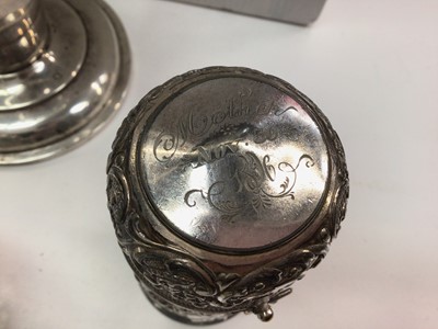 Lot 1053 - Silver mounted glass trumpet vase, four silver mounted glass jars/bottles and a silver plated embossed container engraved 'Mother, Nov 30 1896'