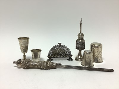 Lot 332 - Judaica - 19th century Imperial Russian silver spice tower with filigree decoration, Russian hallmarks, 16cm, together with an Imperial Russian silver filigree menorah, four silver kiddush cups...