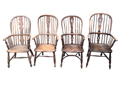 Lot 1282 - Matched set of four 19th / early 20th century ash and elm stick back Windsor chairs