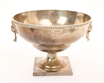 Lot 450 - George V silver rose bowl with lion's mask handles, on square base