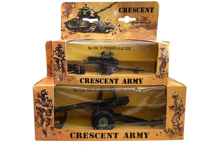 Lot 128 - Crescent Toys diecast Saladin Armoured Patrol, boxed No.2154, 5.5 " Medium Howitzer Gun No.1251, Saladin Armoured Car No.1263, 25 Pounder Field Gun No.1250, all boxed, 25 Pounder & 18 Pound...