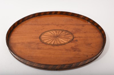 Lot 778 - Georgian style satinwood and patera inlaid tray, oval form with barber pole inlaid gallery, 31 x 22cm