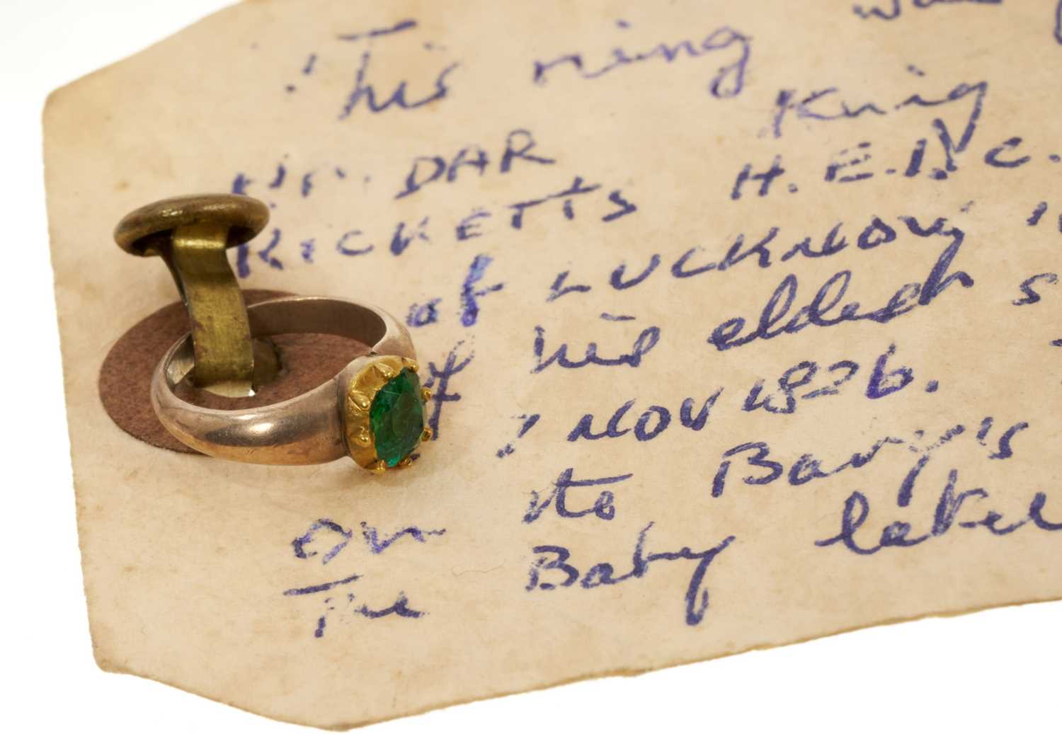 Lot 21 - Of British India interest, 19th century Indian Emerald and gold baby's ring given by the King of Oudh in 1826