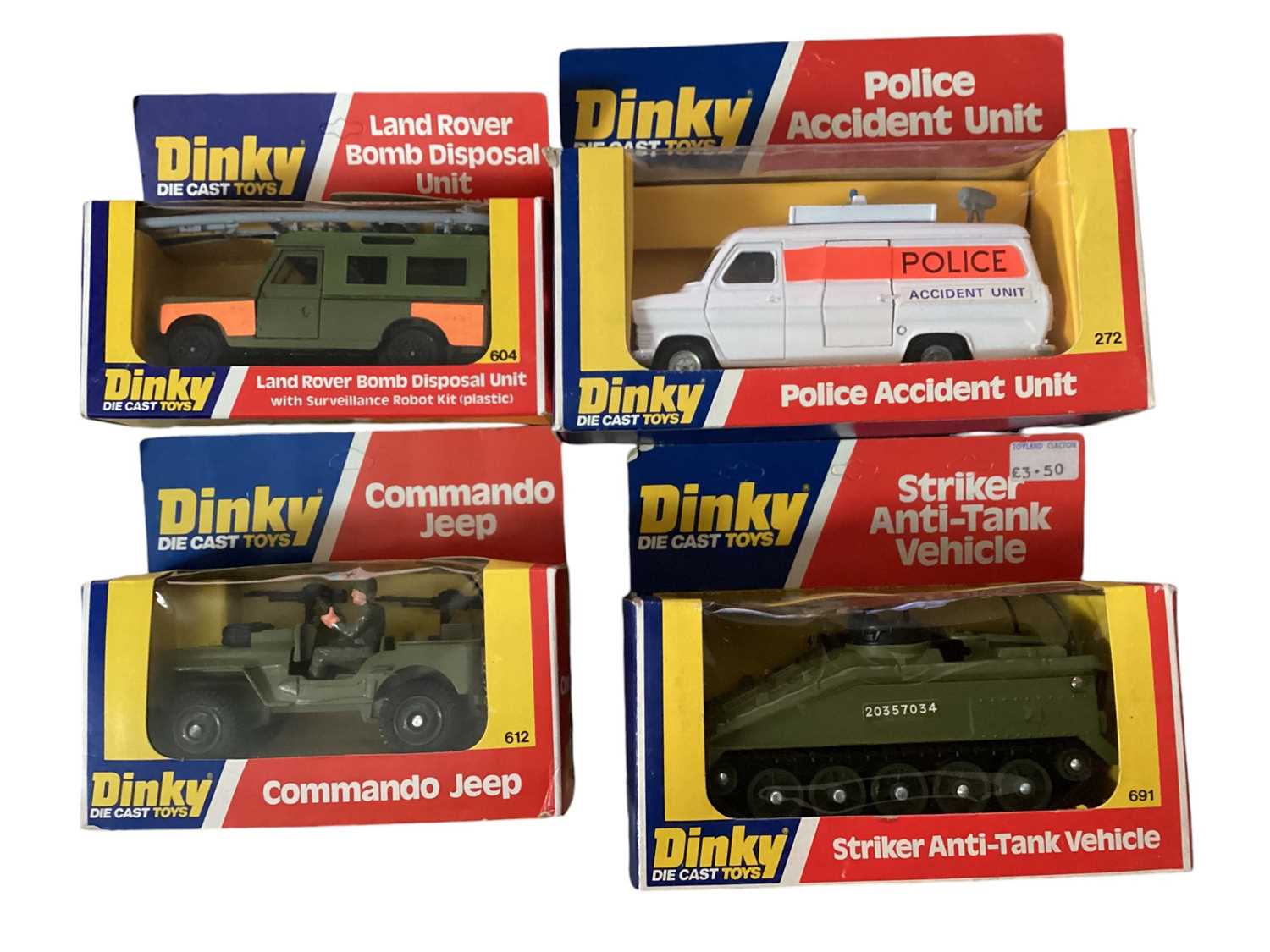 Lot 146 - Dinky boxed selection including 268 Ambulance 272 Police Accident Unit, Battle of Britain Junkers Stuka 721, Land Rover Bomb Disposal 604 plus others (1 box)