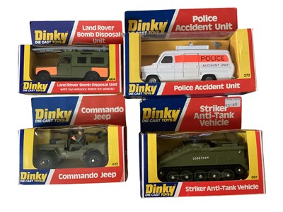 Lot Dinky boxed selection including 268 Ambulance 272 Police Accident Unit, Battle of Britain Junkers Stuka 721, Land Rover Bomb Disposal 604 plus others (1 box)