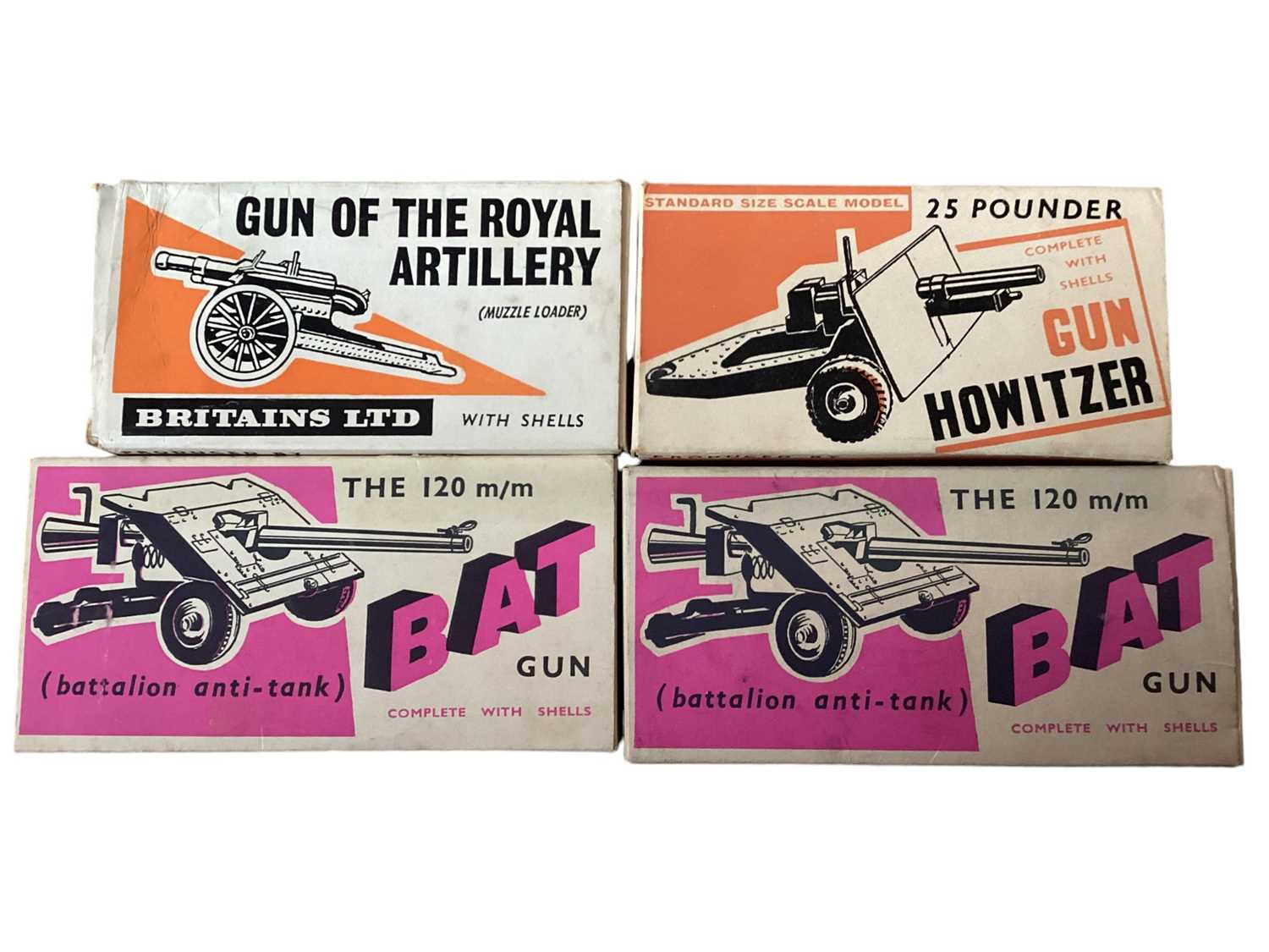 Lot 149 - Selection of boxed Britains Guns including 9705 Howitzer, 9702 B.A.T. Gun (x2), 9710 Gun of the Royal Artillery, 9700 Royal Artillery Gun, plus others, all boxed (9)