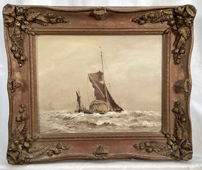 Lot 110 - W.F. Burton, oil on panel, Thames Barge , signed in gilt frame