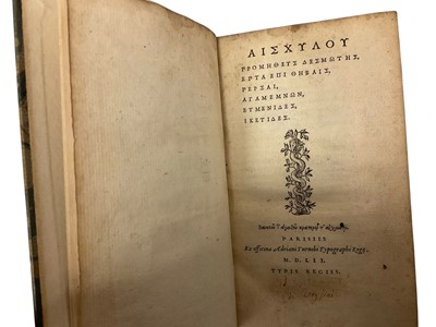 Lot 1670 - Aeschylus. Six Plays, Gk. author and title - engraved title device; (8), 212pp. old vellum, sm. 8vo. Paris:Adrian...