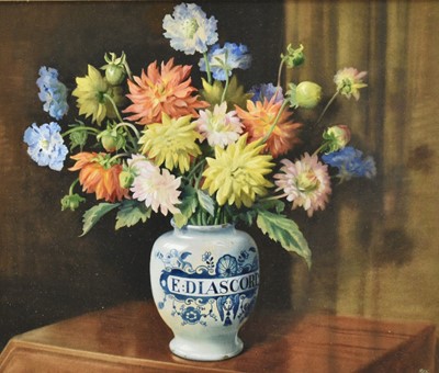 Lot 1400 - Gayford Rix, mid 20th century, watercolour - "Flowers in a Pharmacy Jar", signed, 40cm x 48cm, in glazed frame