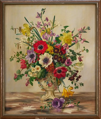 Lot 1302 - *Albert Williams (1922-2010) oil on canvas - Still Life Spring Flowers, signed, 61cm x 51cm, framed. Painted for Glaxo Laboratories Ltd. to illustrate a 1950s calendar