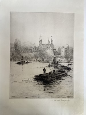 Lot 68 - Rowland Langmaid (1897-1956) two etchings - Tower of London from the Thames, Academy proof signed in pencil with blind stamp, plate 275 x 200mm, sheet 370 x 270mm, and St Paul's from the Thames,...