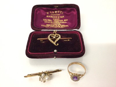 Lot 2 - Late Victorian 15ct gold and seed pearl heart shape brooch, Edwardian novelty 15ct gold and cultured pearl spider brooch and antique 9ct rose gold amethyst and seed pearl cluster ring