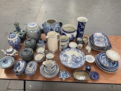 Lot 721 - 19th century Chinese porcelain cylinderical vase with prunus decoration on crushed ice ground, and other blue and white china including Woods & Sons Yuan pattern items.