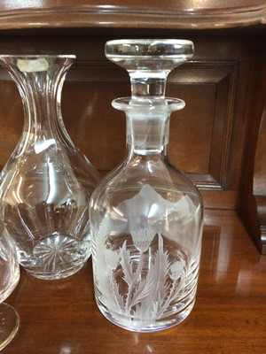 Lot 617 - Group of glassware to include a Mappin & Webb silver mounted cut glass decanter (London 1977) Orrefors 'Prelude' cut glass decanter, Stuart Crystal etched glass spirit decanter and a Royal B...