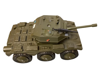 Lot 162 - Cherilea Saladin MKII Armoured Car, boxed flattened No.260, plus Field Gun on turntable, boxed No.2624, Cobra Missile Carrier No.2613, MP motorcycle No.2616 and motorcycle & side car (5)