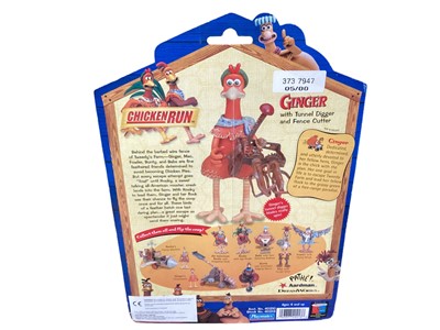 Lot 165 - Playmates Chicken Run Ginger No.40213 & Rocky No.40211, both on card with bubblepack, plus Ginger’s Chckenpult No.40223, Rocky’s Flying Machine, Rocky with Spy Scope & Ginger with Tunnel Digger (6)