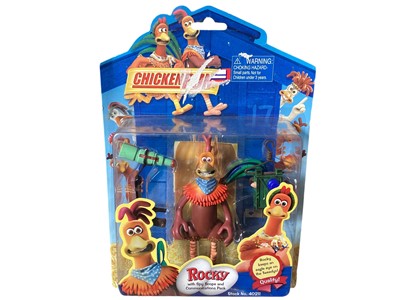Lot 165 - Playmates Chicken Run Ginger No.40213 & Rocky No.40211, both on card with bubblepack, plus Ginger’s Chckenpult No.40223, Rocky’s Flying Machine, Rocky with Spy Scope & Ginger with Tunnel Digger (6)