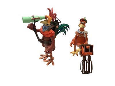 Lot 165 - Playmates Chicken Run Ginger No.40213 & Rocky No.40211, both on card with bubblepack, plus Ginger’s Chckenpult No.40223, Rocky’s Flying Machine, Rocky with Spy Scope & Ginger with Tunnel Digger (6)