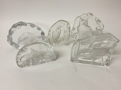 Lot 25 - Four signed clear glass animal paperweights and one other unsigned (5)