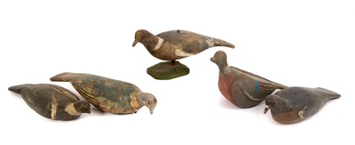 Lot 1142 - Flock of five carved wooden and painted decoy pigeons