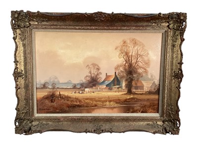 Lot 96 - Christopher Osborne, oil on board, An Essex farm at dawn, signed also inscribed verso, in gilt frame. 30 x 44cm