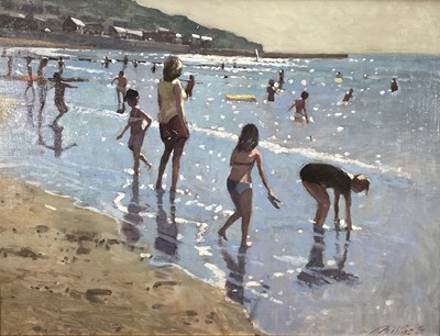 Lot 97 - Peter Z. Phillips, oil on board, "Summer Light", children at the seaside, signed and dated '24, in gilt frame. 33 x 43cm.