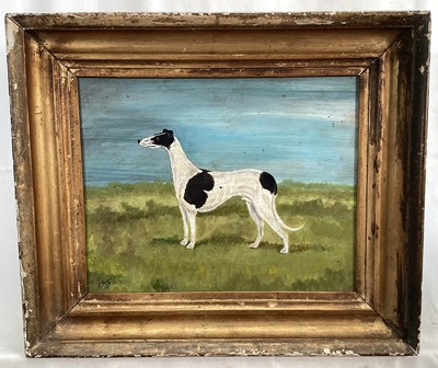 Lot 98 - B. Thomas, A naive oil on board of a greyhound, signed and dated 1929, in gilt frame. 21 x 26cm.