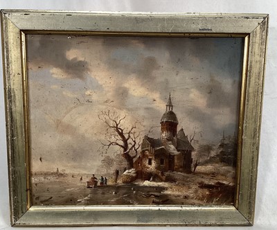 Lot 100 - Dutch School late 19th century, A winter scene with figures skating on a frozen canal, oil on panel, in gilt frame. 20 x 25cm.