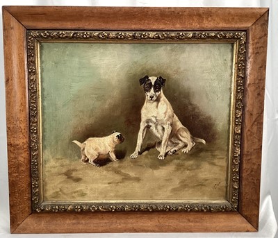 Lot 103 - English School 1896, oil on canvas, A terrier and her pup, initialled and dated, in gilt and maple frame. 29 x 34cm.