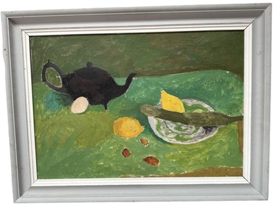 Lot 1 - Adrian Campbell (1924-2019) oil on canvas laid on board - "Still life with old teapot", signed and titled verso, 38cm x 55cm, in painted frame