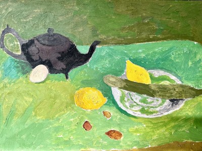 Lot 1 - Adrian Campbell (1924-2019) oil on canvas laid on board - "Still life with old teapot", signed and titled verso, 38cm x 55cm, in painted frame