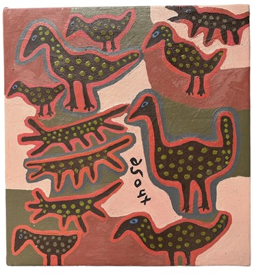 Lot 9 - Cg'ose Ntcõx'o (South African born c.1950) oil on canvas - 'Birds', signed, inscribed verso, 48.5cm x 46.5cm, unframed. Provenance: Rebecca Hossack Gallery, London