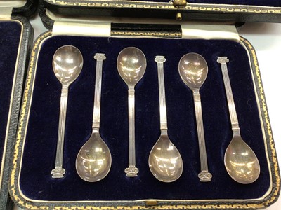 Lot 1115 - Set of six silver Corinthian coloumn coffee spoons, plated set of teaspoons, other silver flatware in fitted cases, pair of silver salts and a silver cigarette box