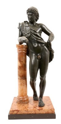 Lot 1058 - Classical style bronze figure, resting satyr on marble column and base