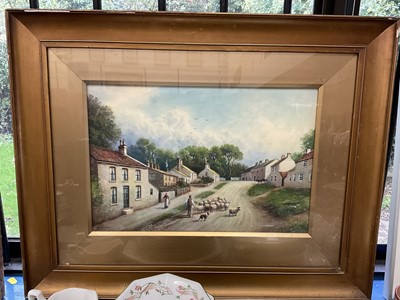 Lot 253 - Milton Drinkwater (1862-1923) watercolour - Village with Drover
