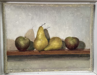 Lot 7 - Patricia Price, late 20th century, oil on board - 'Fruit on a Shelf', signed and dated '92, label verso, 20cm x 26cm, in painted frame