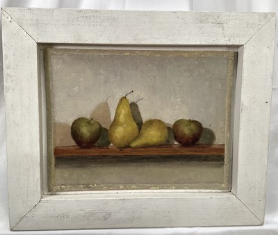 Lot 7 - Patricia Price, late 20th century, oil on board - 'Fruit on a Shelf', signed and dated '92, label verso, 20cm x 26cm, in painted frame