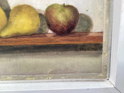 Lot 7 - Patricia Price, late 20th century, oil on board - 'Fruit on a Shelf', signed and dated '92, label verso, 20cm x 26cm, in painted frame
