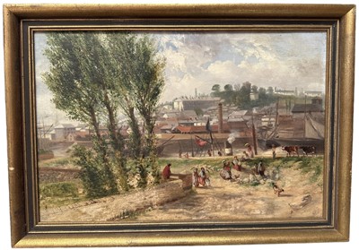 Lot 11 - English School, mid 19th century, oil on artists board - Newport, Monmouthshire, inscribed and dated 1854 verso, 30cm x 45cm, in gilt frame