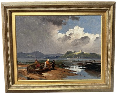 Lot 12 - English School, 19th century, oil on board - "Powderham Castle, a view near Bristol", inscribed verso, initialled and dated 1874, 23.5cm x 31cm, in gilt frame