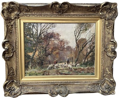 Lot 14 - Henry Morley (1869-1937) oil on canvas - Sheep in Woodland, signed, 30cm x 40cm, in gilt frame