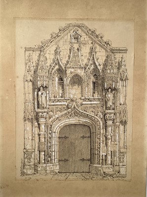 Lot 15 - A. E. Warner, mid 19th century pencil and bodycolour - Church Doors, signed and dated 1840, unframed, 40cm x 29cm