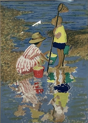 Lot 18 - Charles James McCall (1907-1989) coloured lithograph - Children on the Shore, 53cm x 38cm, in glazed frame