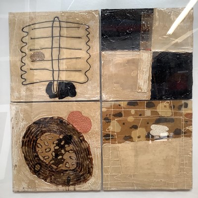 Lot 20 - Lennox Dunbar (b.1952) mixed media panels - Four Abstracts, arranged as one, in glazed frame, 88cm square overall