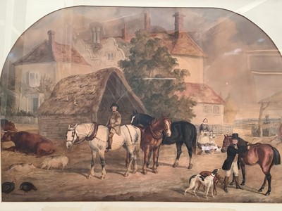 Lot 89 - English School, 19th century, watercolour - Figures and Livestock in a Farmyard, initialled GHC, 56cm x 83cm, in glazed gilt frame